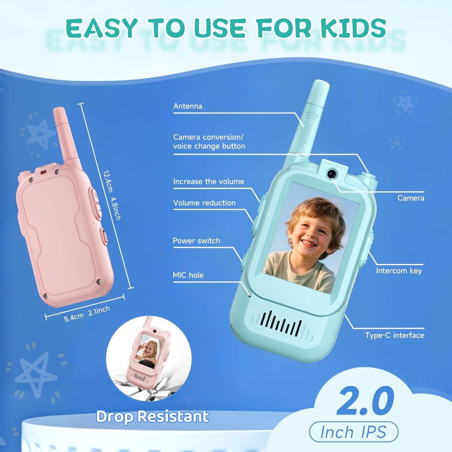 Virell™️ Kids 2 Pieces Walkie Talkie Set With Camera & Screen Video